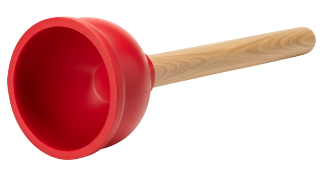 Red plunger isolated on white background with wooden handle