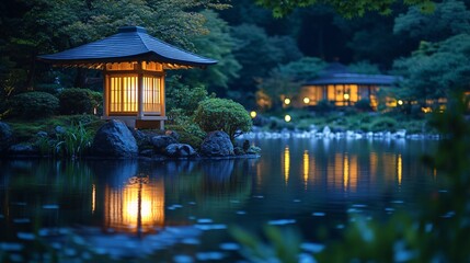 Fototapeta premium Serene Japanese Garden with Lanterns Reflected in Calm Water