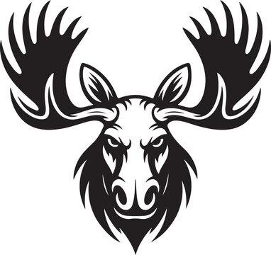 Stylized black and white illustration of a fierce moose head with large antlers vector