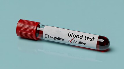 Medical blood test tube with positive result on blue background showing healthcare and diagnosis
