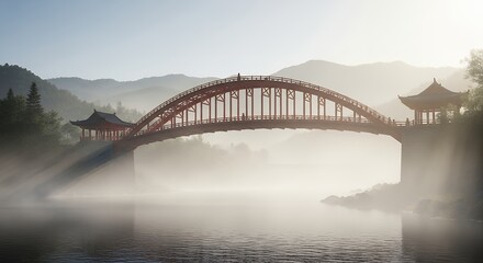 Naklejka premium Red Traditional Asian Style Arch Bridge with Pavilions Over Misty River at Sunrise