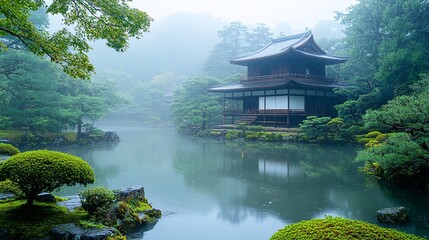 Fototapeta premium Serene Misty Garden with Traditional Pavilion and Peaceful Water Reflection