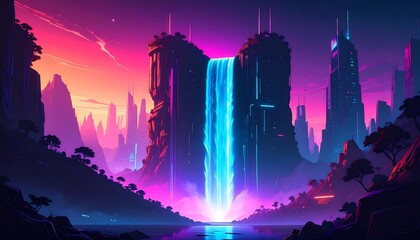 Neon Waterfall in Futuristic Cityscape at Dusk.