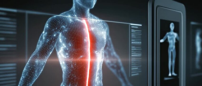 A diffused body fat scanner figure contrasts with sharp BMI chart data in the centre frame, illustrating variations in the accuracy of body composition assessments.
