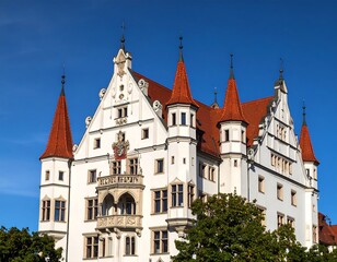 Fototapeta premium White castle with red roofs and multiple towers against a clear blue sky