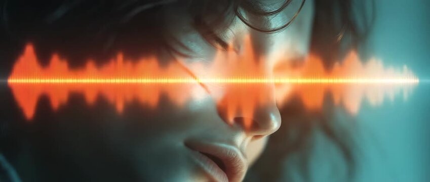 The complex neuroscience of sleep paralysis episodes is highlighted by a medium-length, sharp image of a sleeper's serene face surrounded by hazy, black figures lit by floating REM wave diagrams.