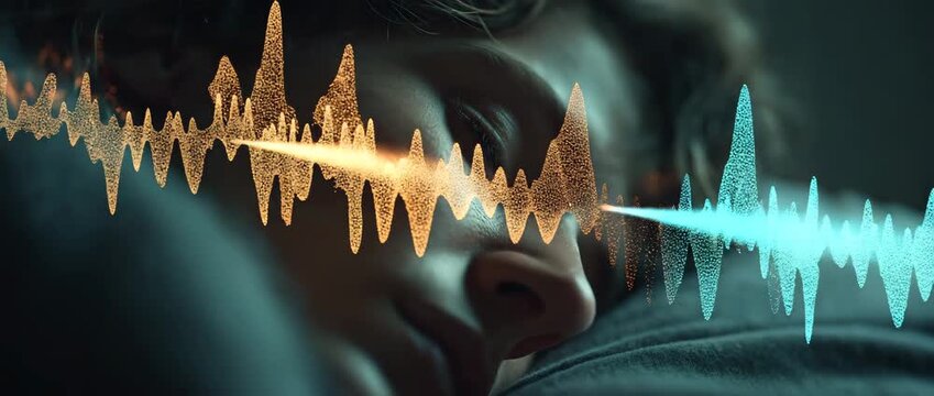 The complex neuroscience of sleep paralysis episodes is highlighted by a medium-length, sharp image of a sleeper's serene face surrounded by hazy, black figures lit by floating REM wave diagrams.