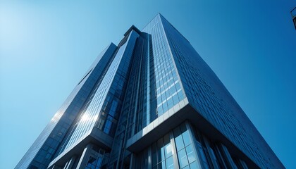 Modern glass skyscraper soaring towards a clear blue sky, reflecting sunlight.
