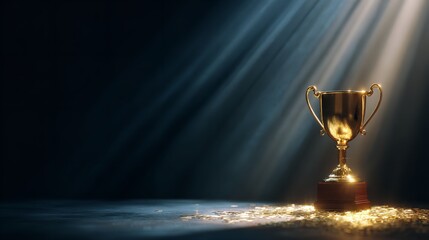 A gleaming gold trophy a beacon of hard won victory bathed in radiant light against a moody backdrop