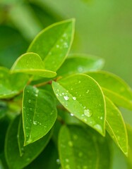 Fototapeta premium Fresh green leaves with water droplets (1)