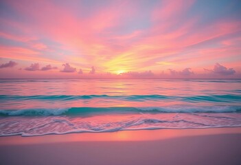 Obraz premium Pastel pink and turquoise sunset over calm Caribbean beach; gentle waves, soft sand, landscape, sand