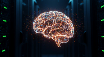 Digital representation of a brain within a server room, symbolizing the intersection of technology and the human mind.