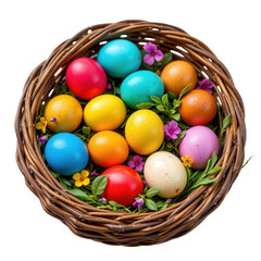 Colorful Easter Eggs in Woven Basket Surrounded by Fresh Flowers
