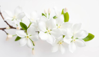 Obraz premium Pure white jasmine blossoms on stark white background, delicate petals, fragrant blooms, background, plant