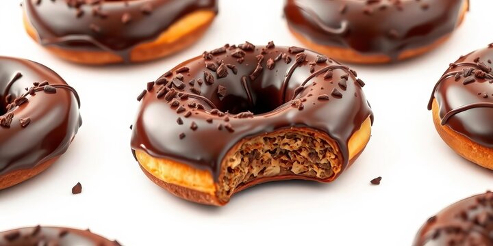 Rich, dark chocolate cruller donut isolated on white background,  baking,  treat