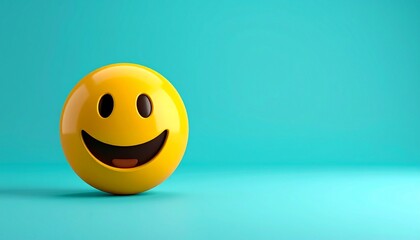 Yellow smiley face ball with cheerful expression, featuring black eyes and curved mouth. Set against turquoise background, radiating positivity through simplicity and vibrant contrast.
