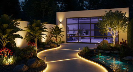 Fototapeta premium Luminous Pathway at Night Illuminating Modern Home Garden
