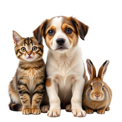 Obraz premium Adorable Group of Pets Including Dog, Cat and Rabbit Sitting Together