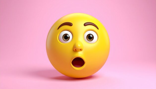 Yellow emoji face with raised eyebrows, wide eyes, and open mouth, expressing shock or surprise. Set against a solid pink background, creating bold emotional contrast. - Powered by Adobe