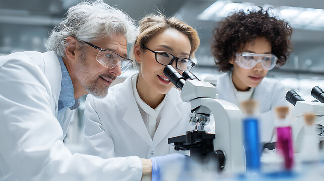 Researchers collaborating in a laboratory, examining samples together