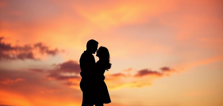 Silhouette of embracing figures at sunset, romantic sky, sky, perfect
