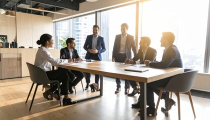 Fototapeta premium Corporate Leaders Strategizing in a Sunlit High-Rise Office with Cityscape Views.