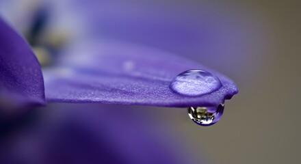 Water droplet on a purple petal reflecting the world