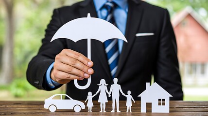 Businessman holding umbrella protecting family car and house icons representing insurance concept  
