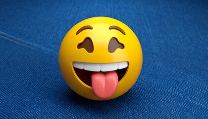 Yellow emoji pin with smiling face, closed eyes, wide mouth, teeth, and tongue out. Water droplets on surface, pinned to textured blue denim fabric.