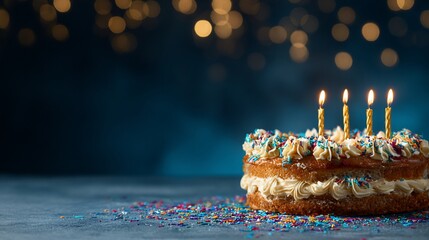 Birthday Cake with Four Lit Candles and Colorful Sprinkles on Dark Background