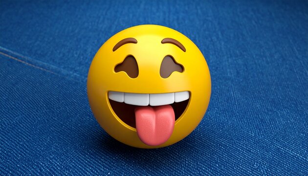 Yellow emoji pin with smiling face, closed eyes, wide mouth, teeth, and tongue out. Water droplets on surface, pinned to textured blue denim fabric.
