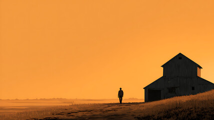 Obraz premium A farmer stepping back to look at a finished barn against a golden sunset (3)