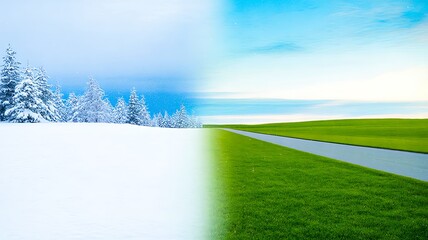Season change landscape with snowy winter trees and green summer grass field  
