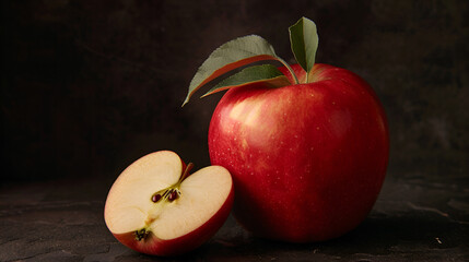 Fresh red apple still life with leaves and a juicy slice, healthy food concept