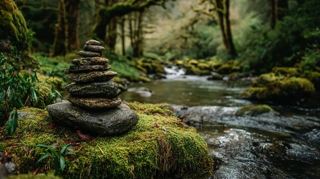 Nature meditation scenes with peaceful forests, flowing streams, and serene landscapes supporting mindfulness and eco-therapy