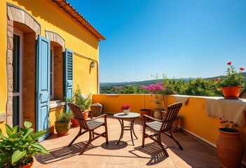 Fototapeta premium Sun-drenched Portuguese farmhouse terrace, two chairs, afternoon, property