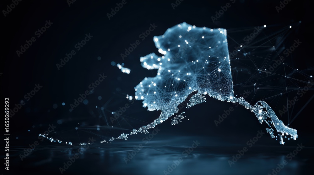 Poster a digital representation of alaska, illustrating its shape with glowing points and lines against a d