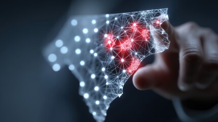 A digital representation of South Carolina with illuminated connections, showcasing technology and data visualization, the US State Flag