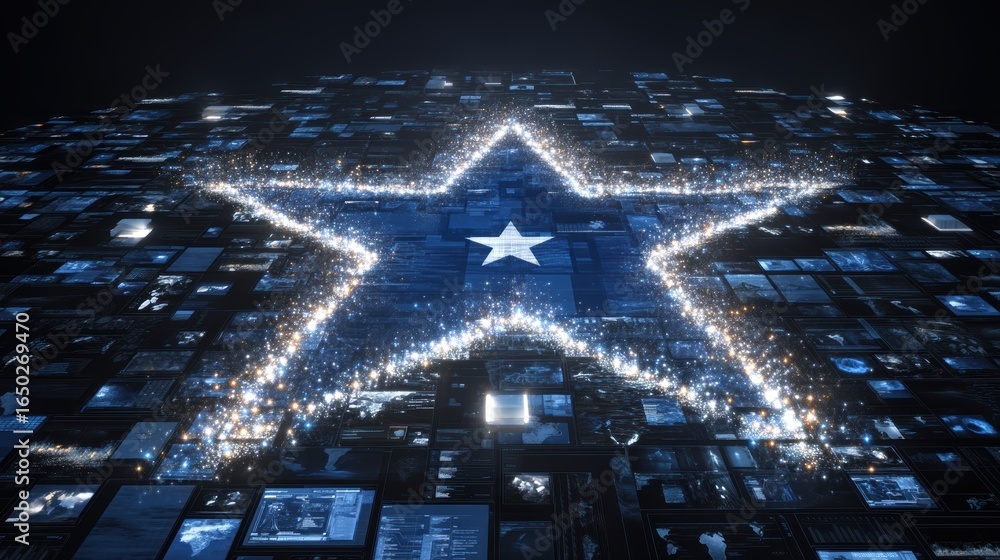 Poster a star-shaped design made of digital screens and sparkling lights, creating a captivating visual eff