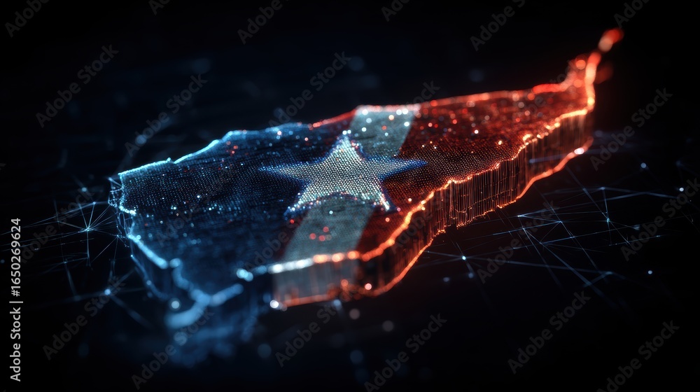 Poster a digital representation of a map featuring a prominent star and colors, symbolizing a specific regi
