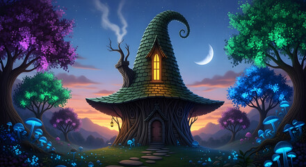 Fototapeta premium A whimsical witch's hut with a glowing window nestled in an enchanted forest under a crescent moon.