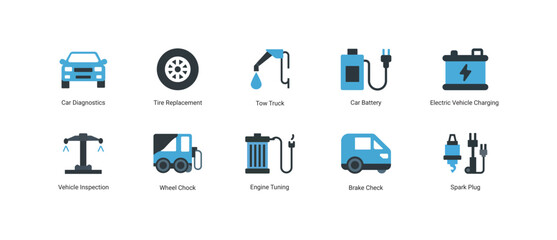 Modern Car Service & Auto Repair Vector Icon Set Minimal Flat Blue and Black Auto Repair Icons