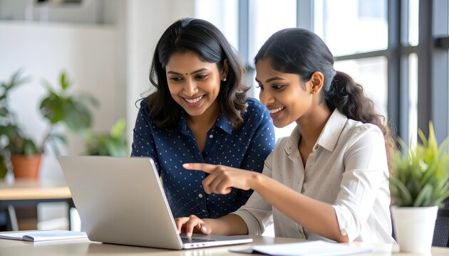 Close up confident Indian businesswoman mentor teaching African American intern. Using laptop, pointing at computer screen. Helping with corporate software. Detailed high quality image. 