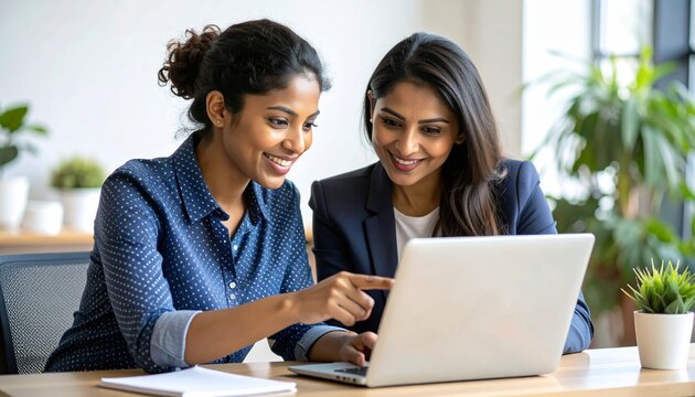 Close up confident Indian businesswoman mentor teaching African American intern. Using laptop, pointing at computer screen. Helping with corporate software. Detailed high quality image. 