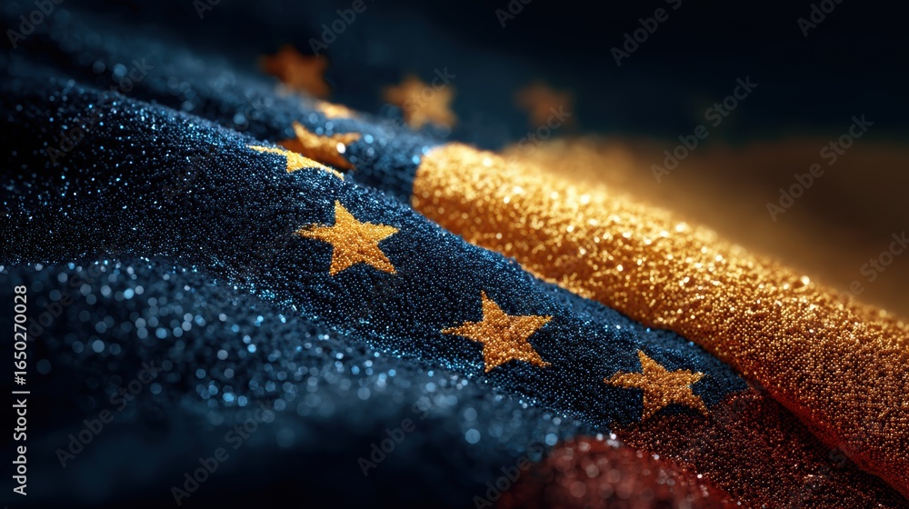 Poster a close-up of a shimmering flag featuring stars and stripes, showcasing vibrant colors with a sparkl