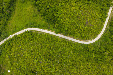 Scenic aerial bird's eye view of a road in Loboc, Bohol, Philippines with jungle 