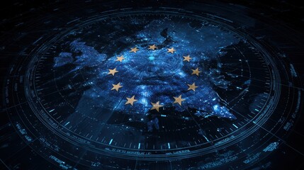 A digital representation of Europe with stars, showcasing a map illuminated in blue tones against a dark background, emphasizing unity and connectivity, the US State Flag
