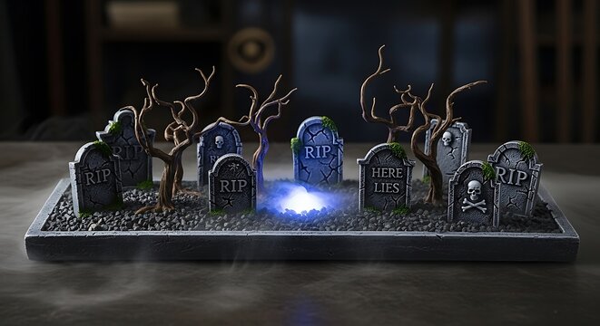 Eerie graveyard scene with tombstones and bare trees shrouded in fog creating a spooky halloween atmosphere