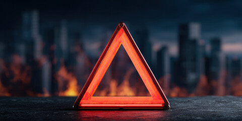  glowing red triangle warning sign stands against a dark, fiery backdrop, evoking a sense of danger or emergency in an urban environment.