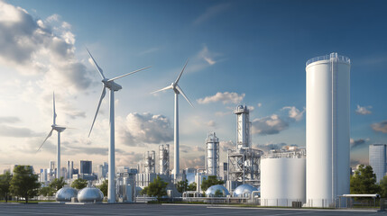 A model of an energy production complex with wind turbines and gas towers. Renewable energy from windmills goes to a plant to produce liquefied hydrogen.